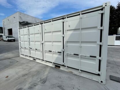 Eerste reis 20FT open side zeecontainer in wit (RAL 9010), nieuw, wind- en waterdicht, met dubbele deuren.
