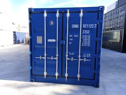Eerste reis 20FT open side zeecontainer in blauw (RAL 5013), nieuw, wind- en waterdicht, met dubbele deuren.