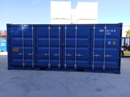 Deuraanzicht Eerste reis 20FT open side zeecontainer in blauw (RAL 5013), nieuw, wind- en waterdicht, met dubbele deuren.