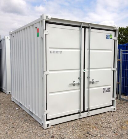 10FT opslagcontainer in blauw of wit, eenmalig gebruikt, met houten vloer en gegalvaniseerde deursluitingen.